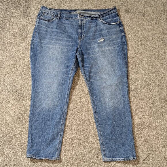 OLD NAVY Mid-Rise Boyfriend Blue Stretch Denim Tapered Distressed Jeans; Size 18 - Picture 1 of 4